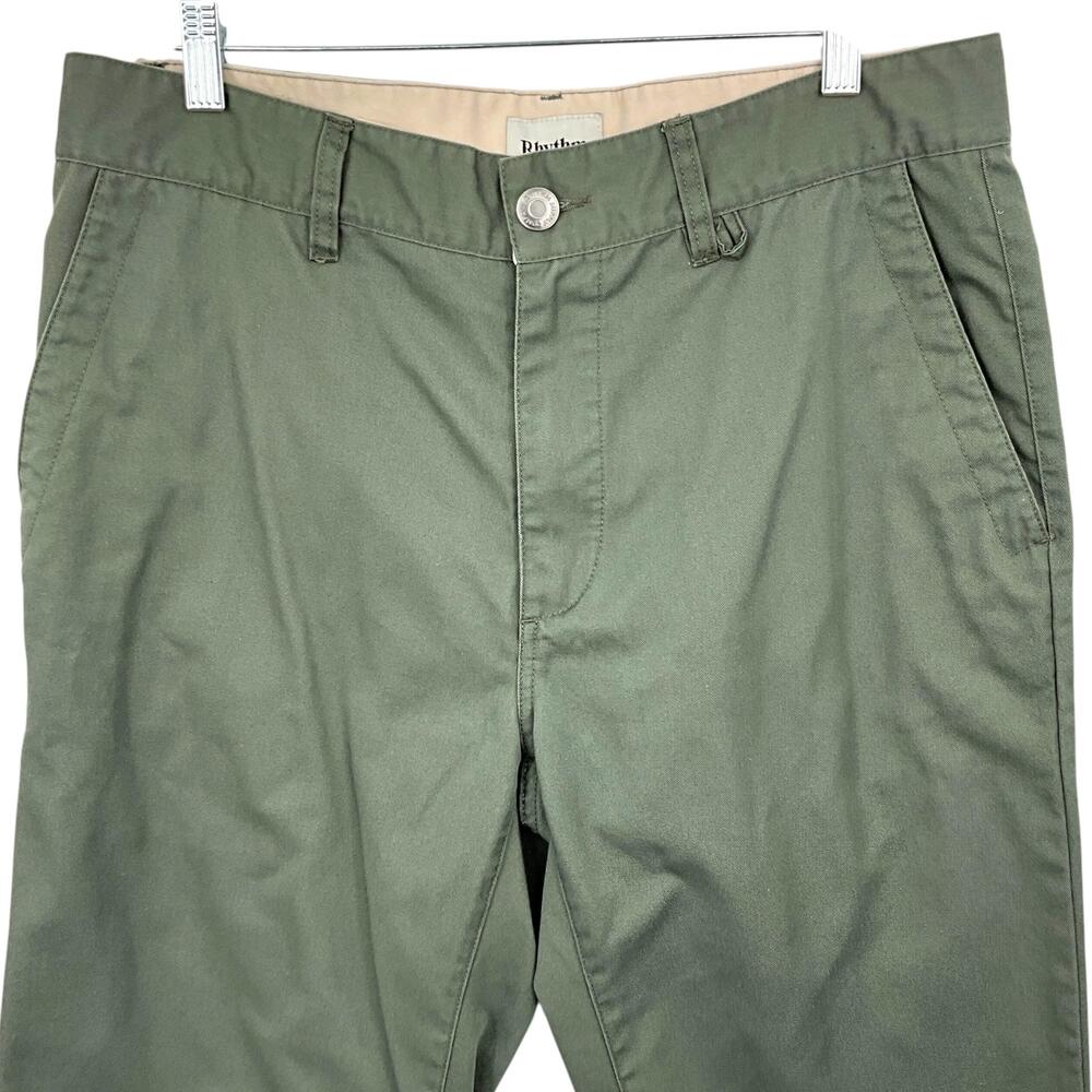 Rhythm Pants Mens 34x31 Green Chino Straight Leg Rhythm Customs Casual Pockets - Picture 2 of 13